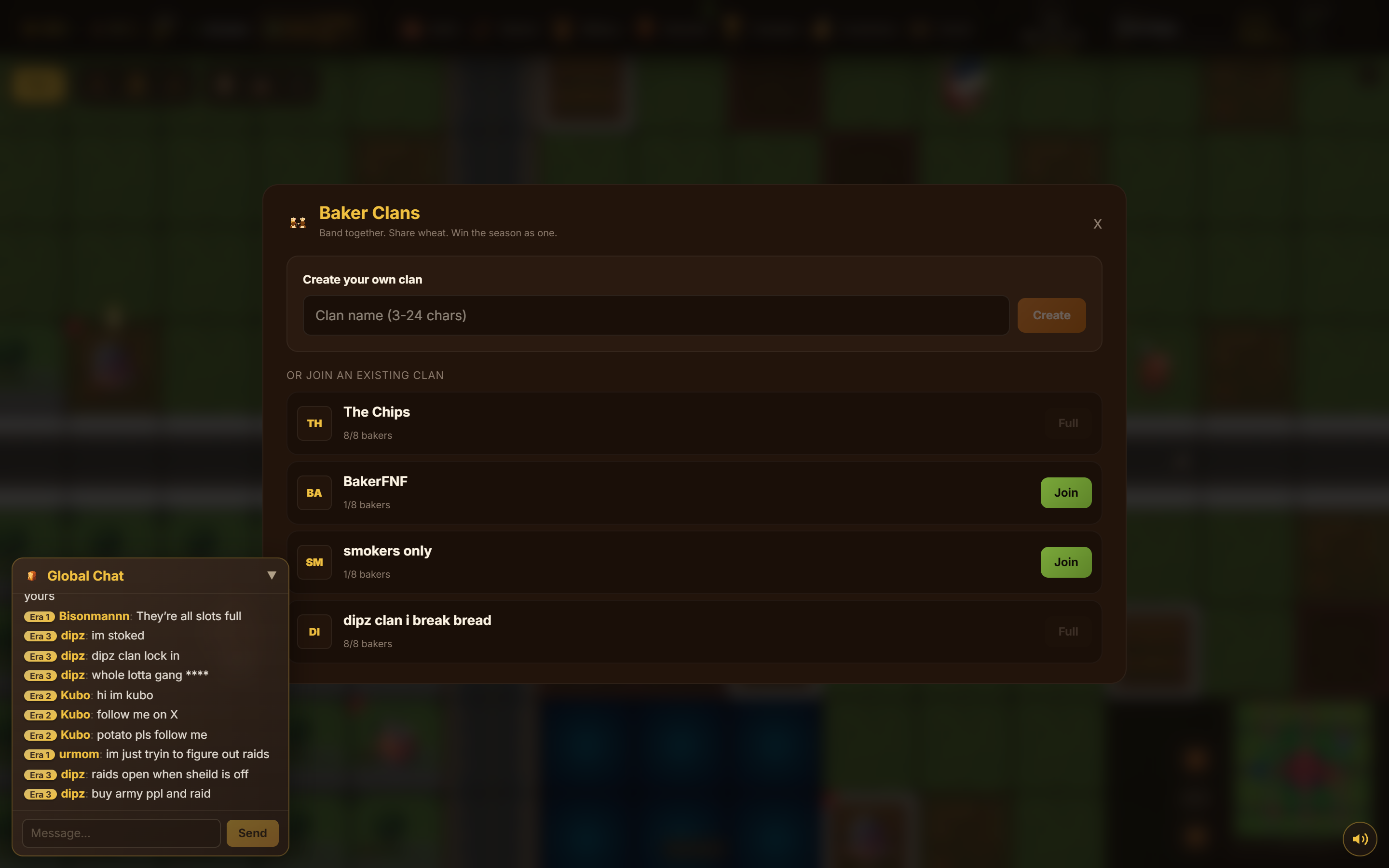 Clan browse list showing several clans with member counts and JOIN / FULL buttons