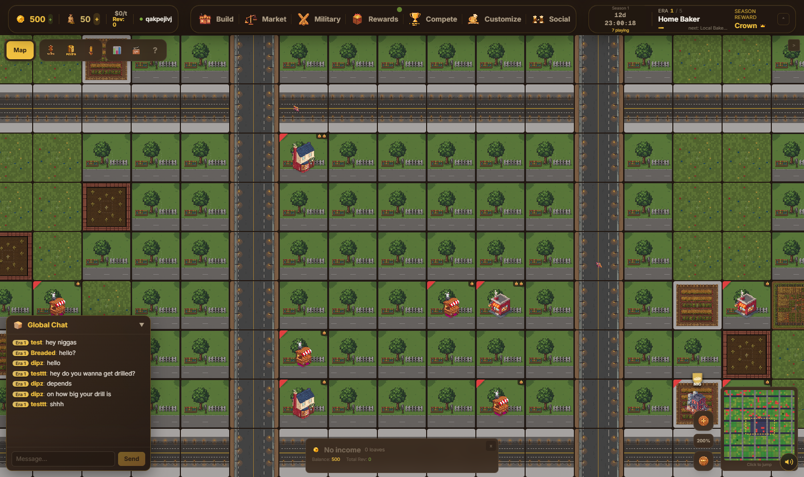 The main game screen showing the city map, a player's bakery, the $BREAD and Wheat counters, and the season countdown timer