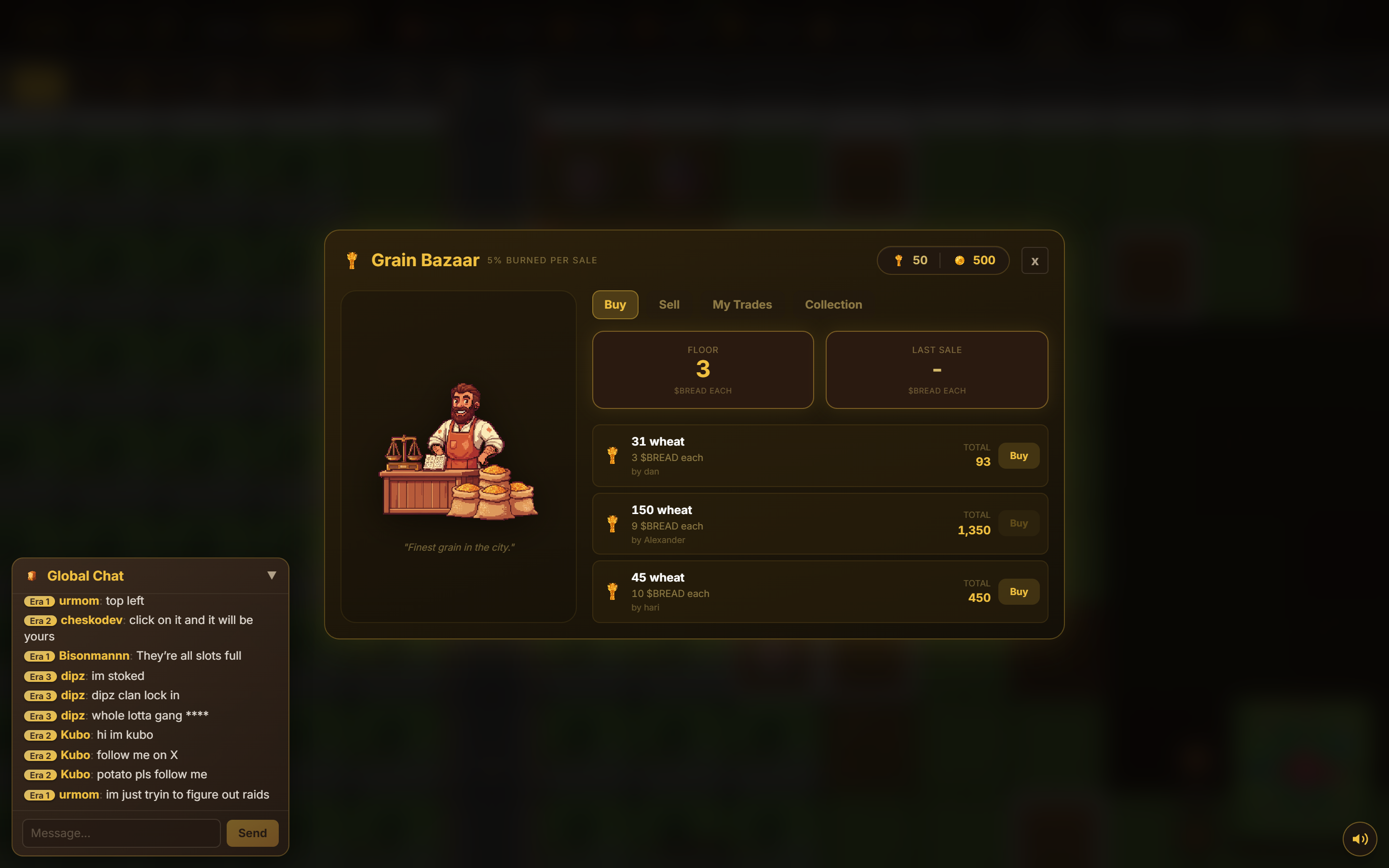 The Marketplace panel with the merchant character, the Buy/Sell/Mine/Collection tabs, and the active wheat listings