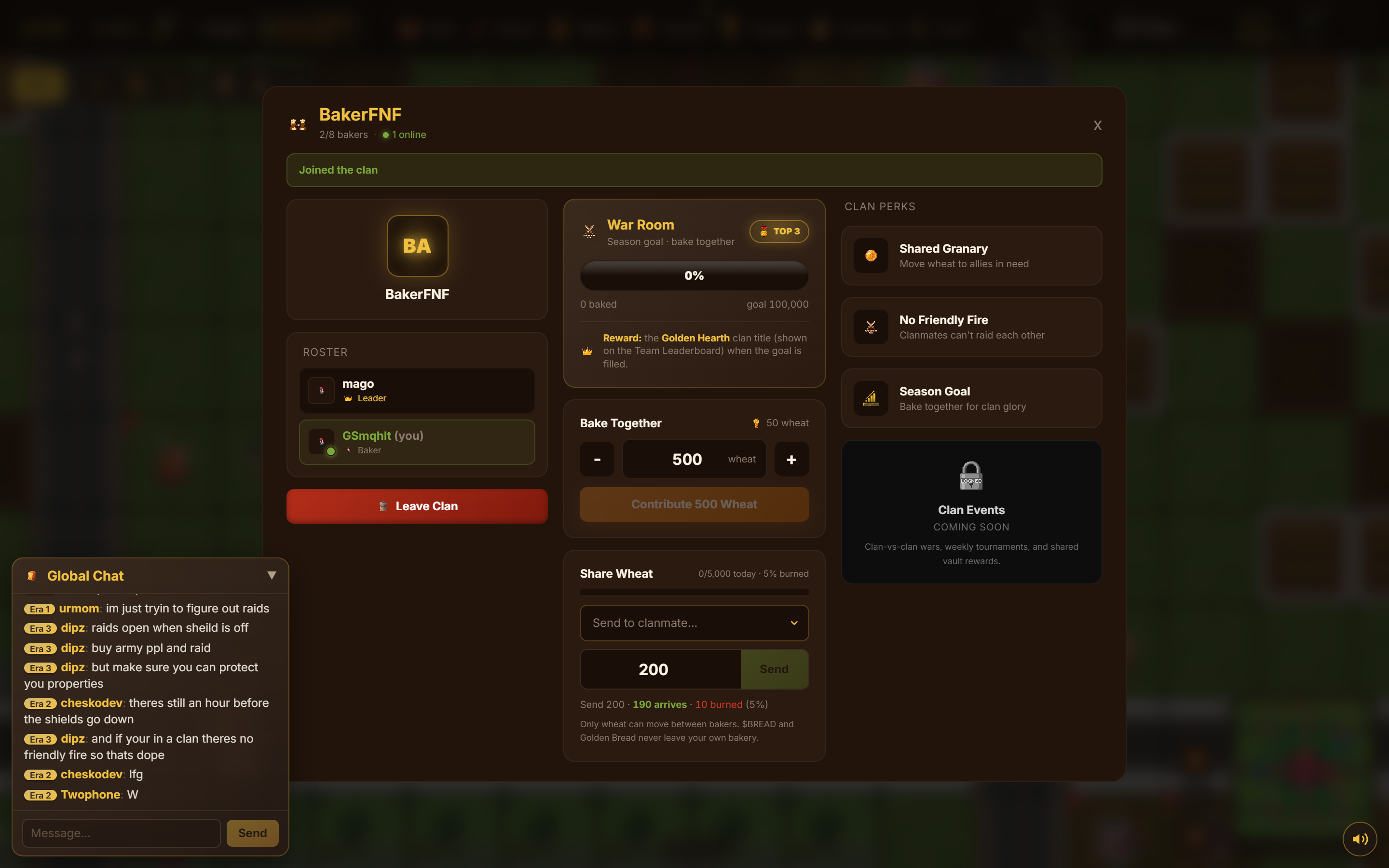 Bake Together goal panel showing the clan progress bar and a donate-wheat control