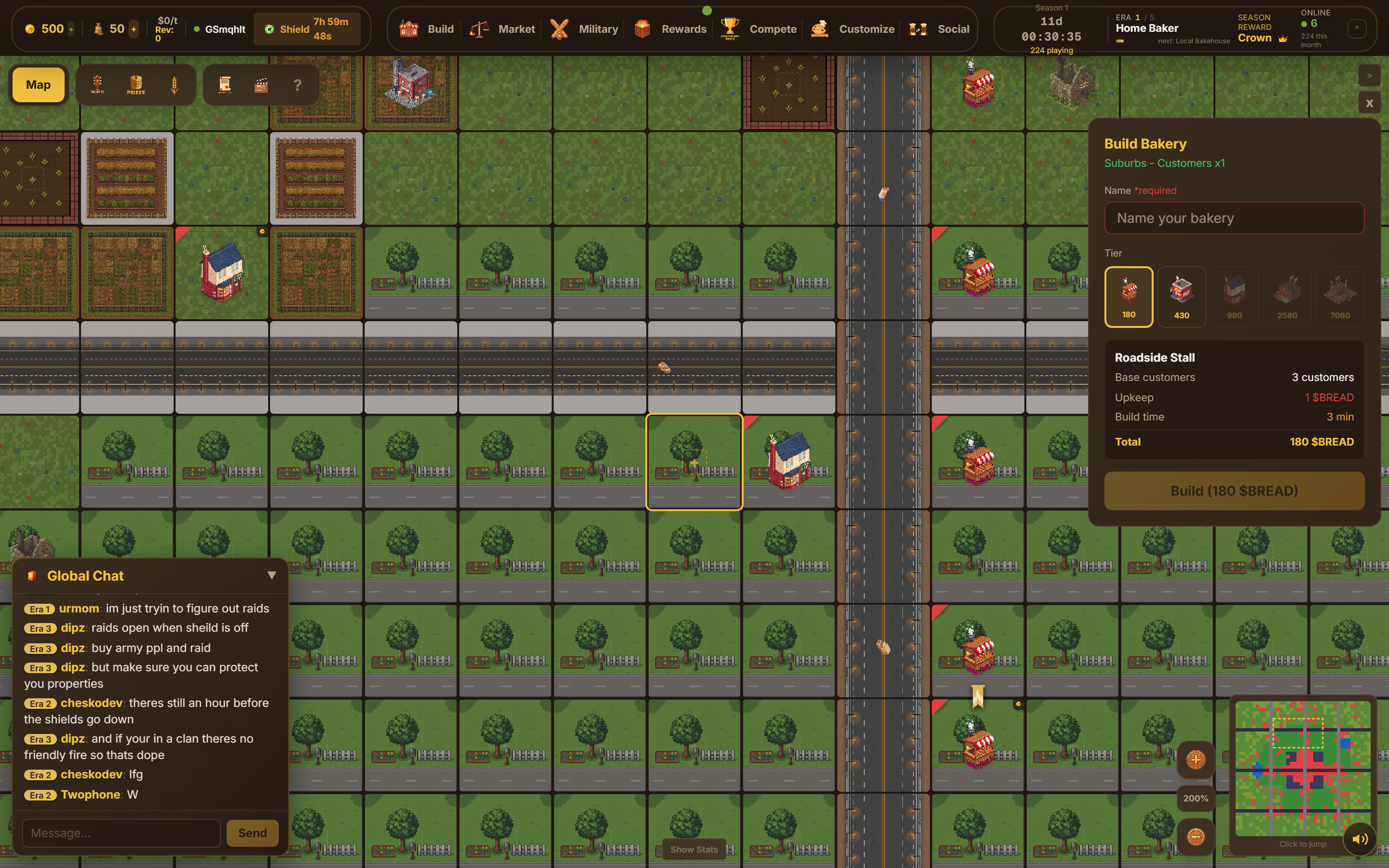 The build panel showing the zone name and "Customers" multiplier line for a selected plot